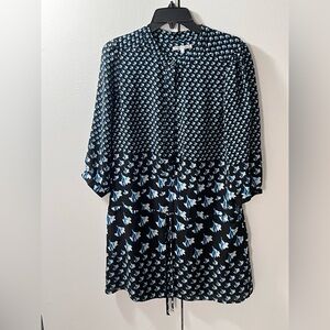 Rebecca Minkoff Vanessa Blouson Shift Dress Drawstring Waist Sz L Floral Blue